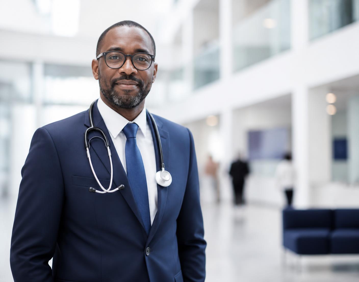 NHS consultant in a modern hospital atrium